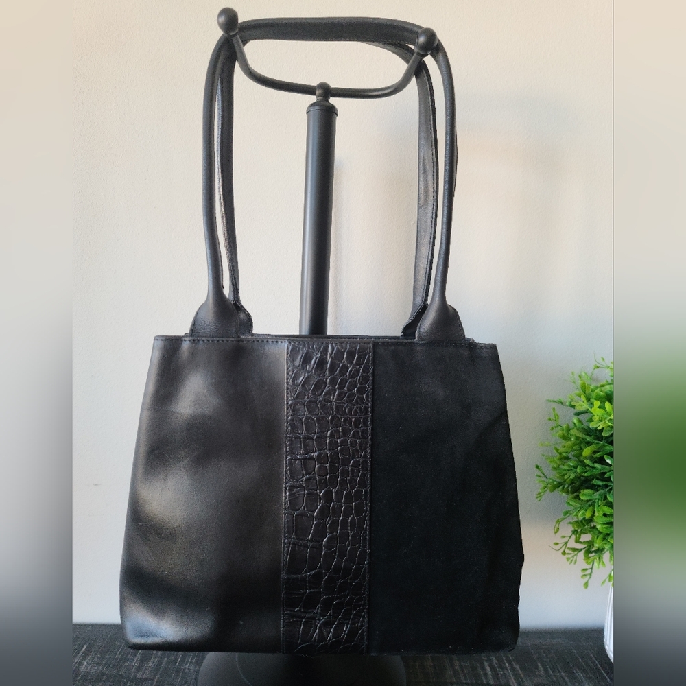 Furla Vintage Black Leather Suede Croc Embossed Shoulder Bag